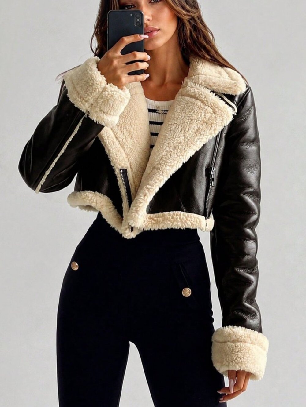Brown Casual Women's Teddy Fleece Lined faux fur cropped Motorcycle Jacket